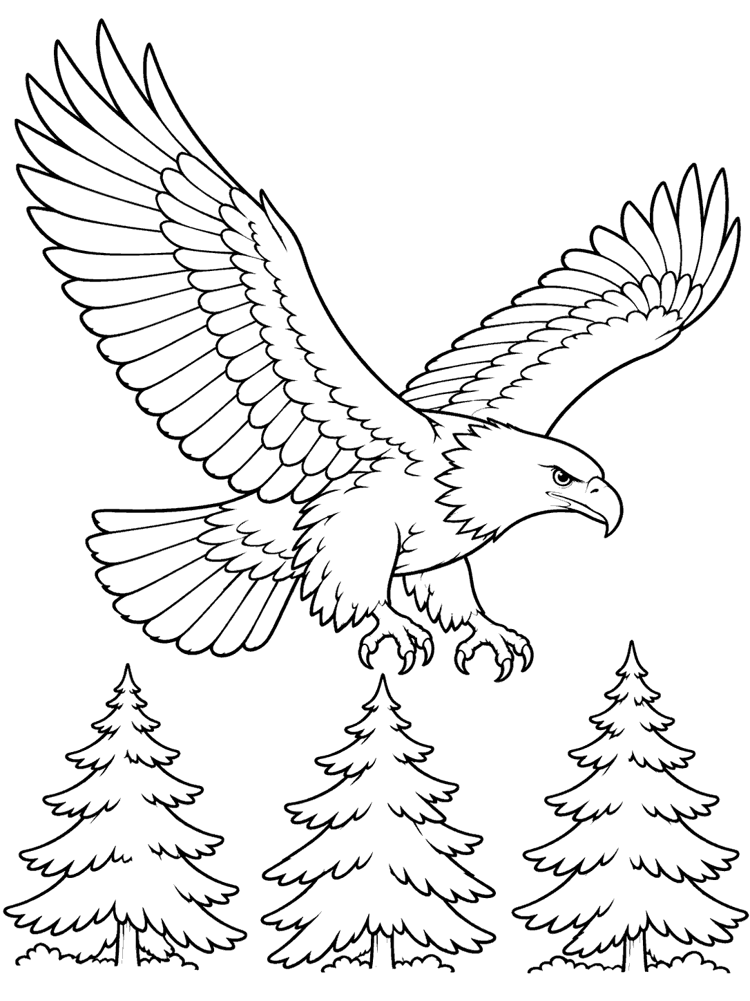 Wide-winged eagle flying over three evergreen treetops