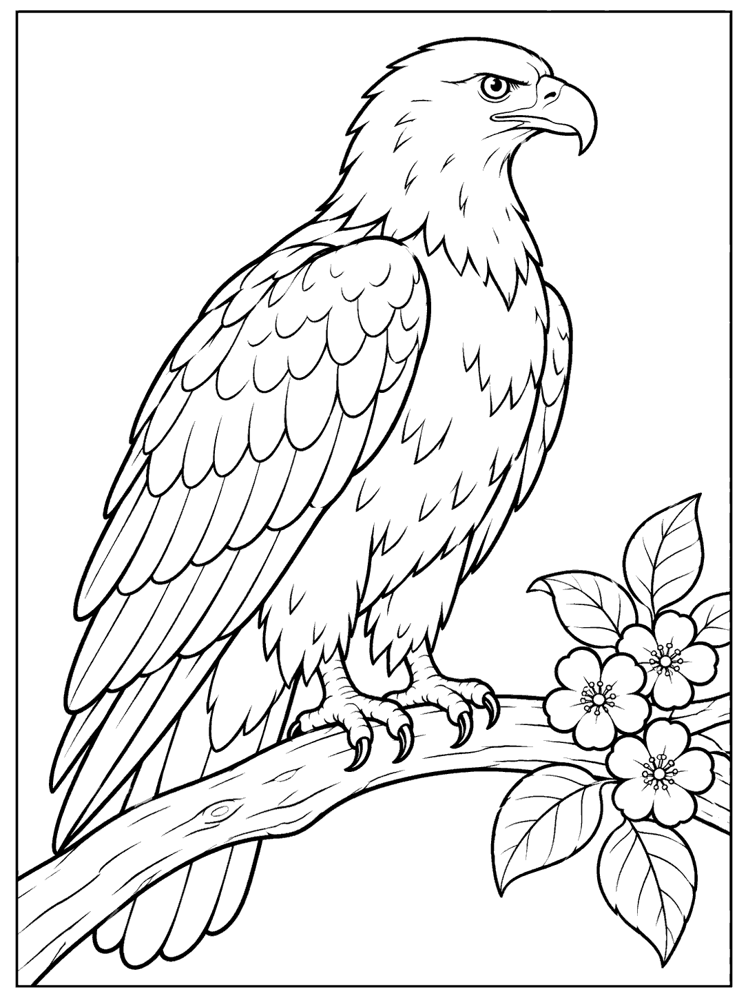 Black-and-white coloring page showing a large side-view eagle perched on a curved branch with broad leaves and three blossoms.