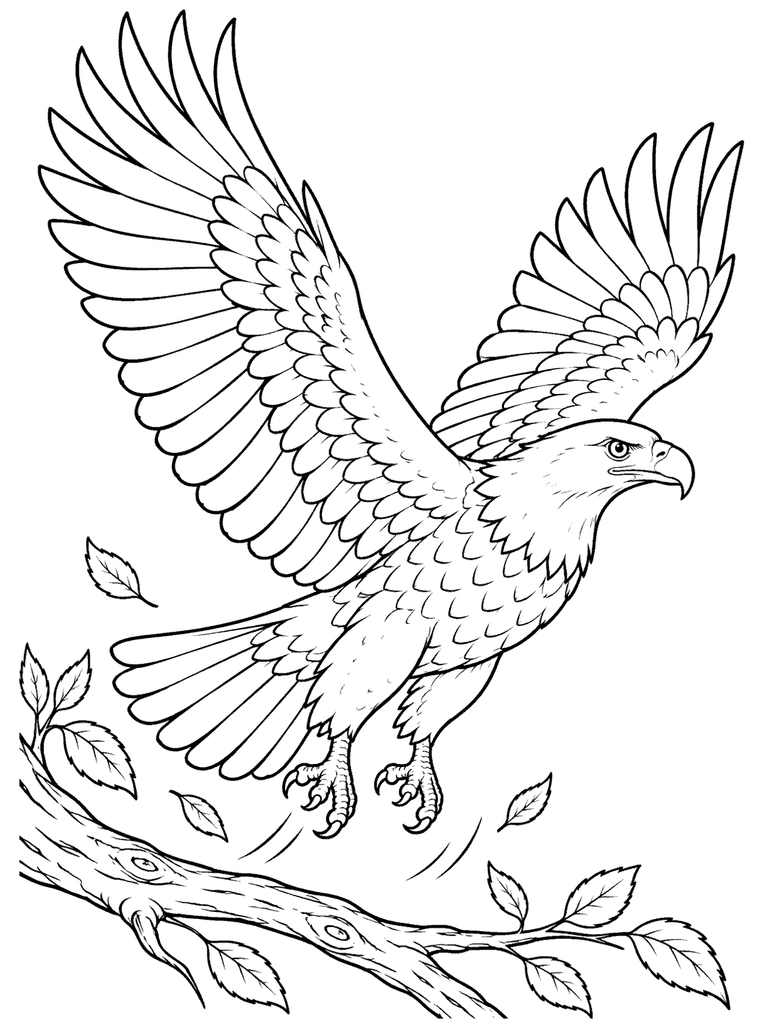 Black ink coloring page of an eagle rising above a leafy branch, wings spread and talons lifted.