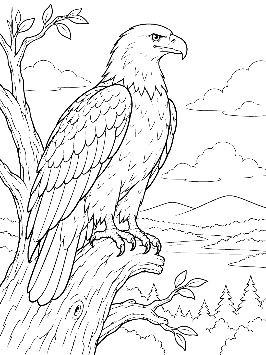 A detailed eagle perched on a tall tree trunk, looking across distant hills and clouds.