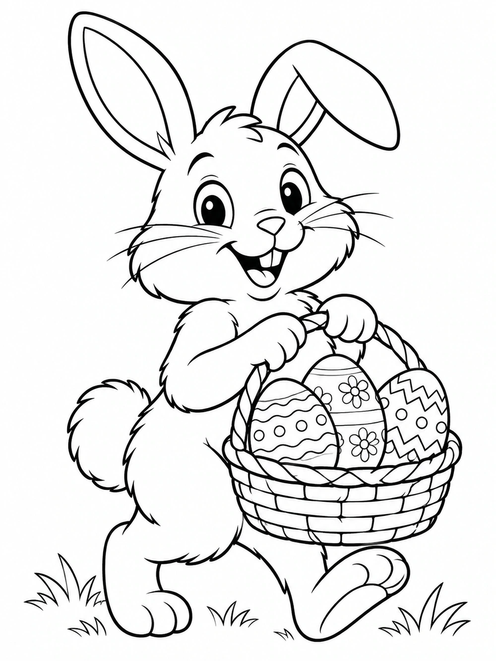 Full-body Easter bunny carrying a woven basket with three patterned eggs, with grass tufts beneath its feet.