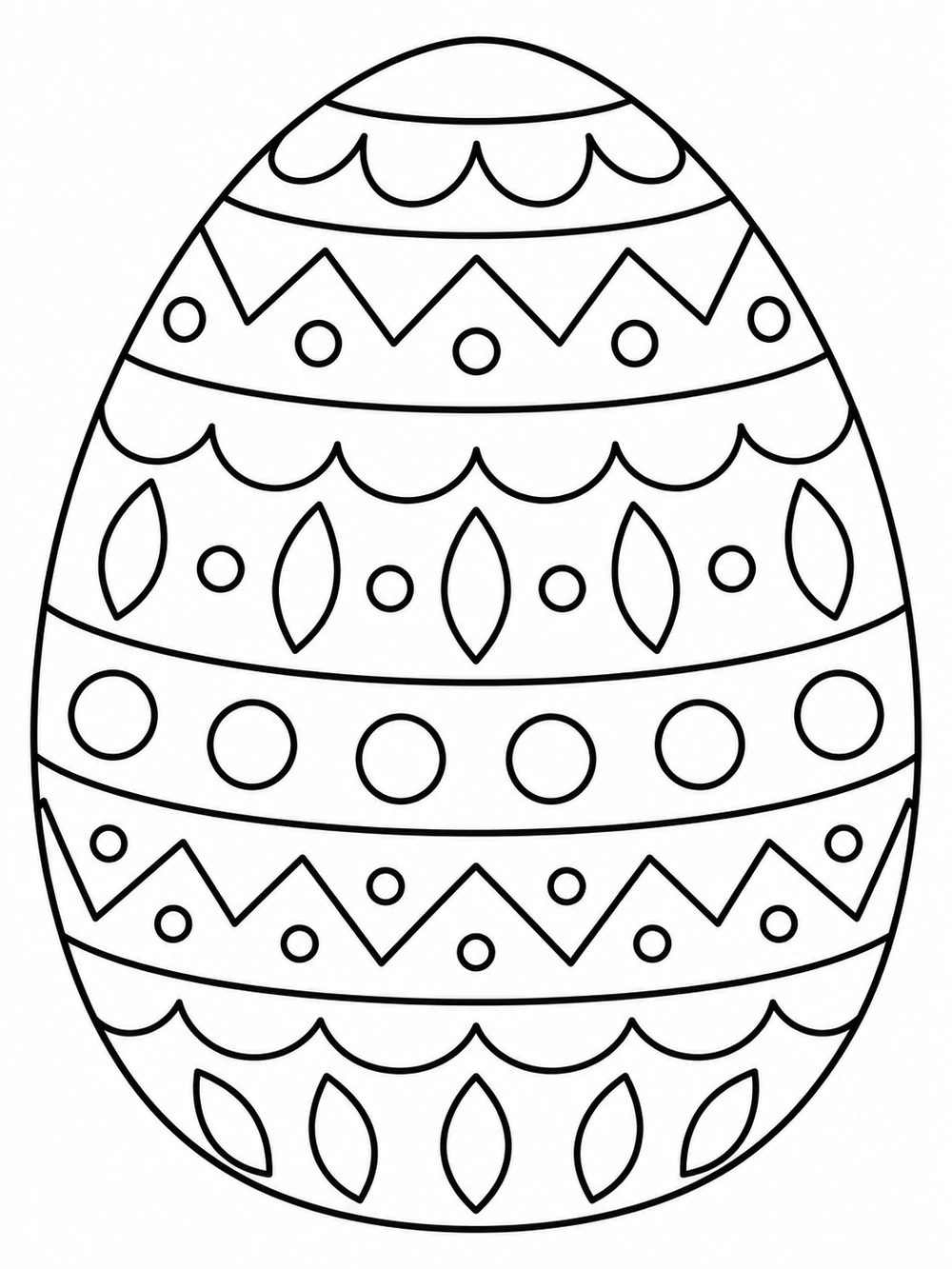 Large upright Easter egg with horizontal bands of zigzags, scallops, dots, and leaf shapes, outlined in black on white.