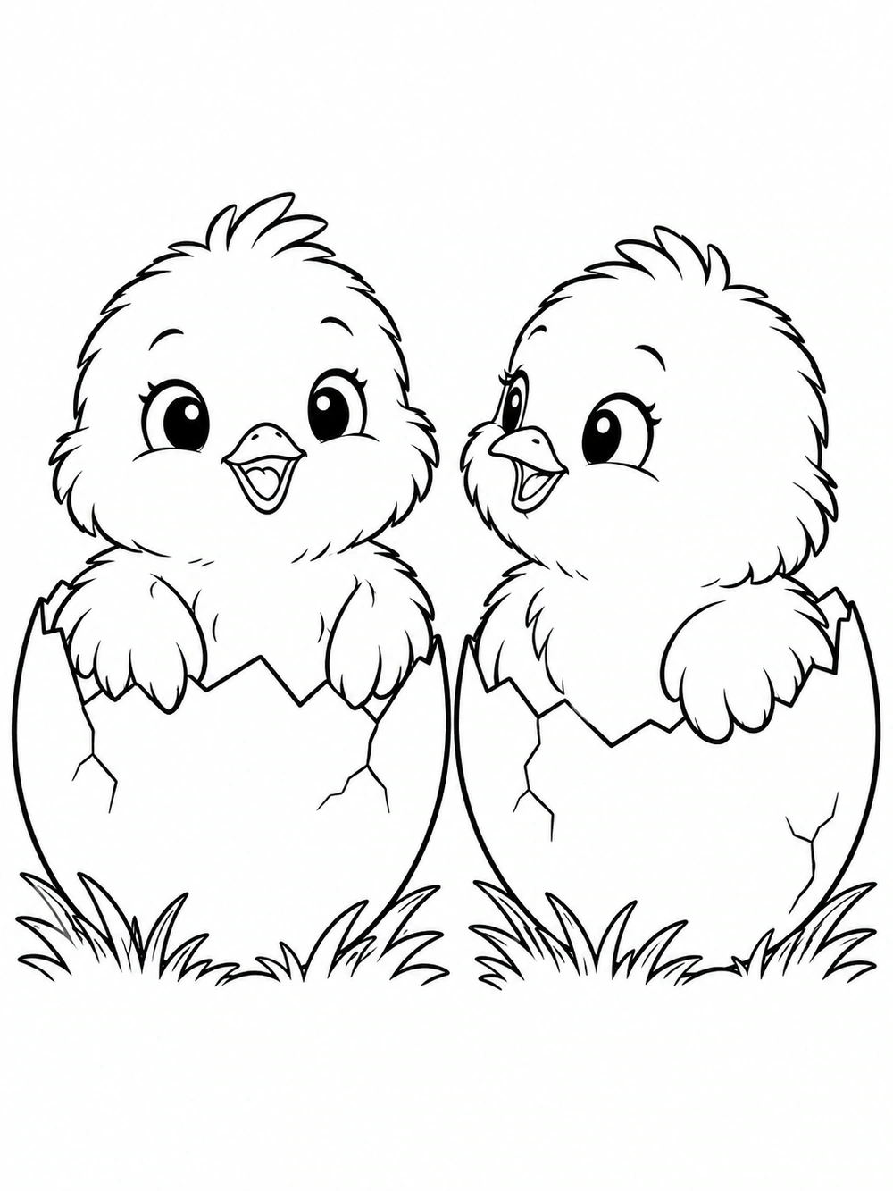 Printable black-outline coloring page of two fluffy chicks hatching from separate cracked eggshells, facing forward and toward each other, with grass beneath them.