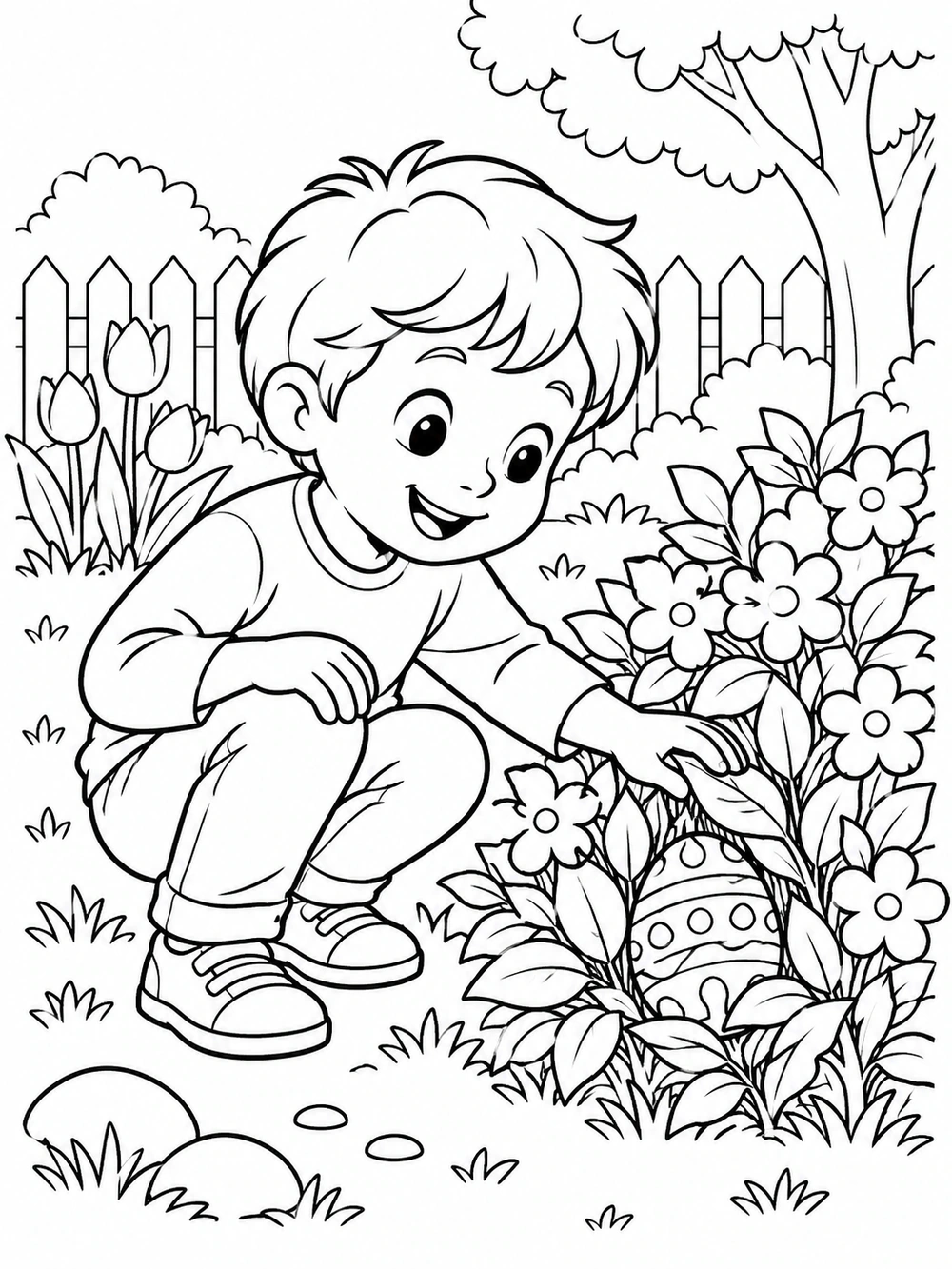 Smiling child crouching beside a flowering bush and decorated Easter egg coloring page