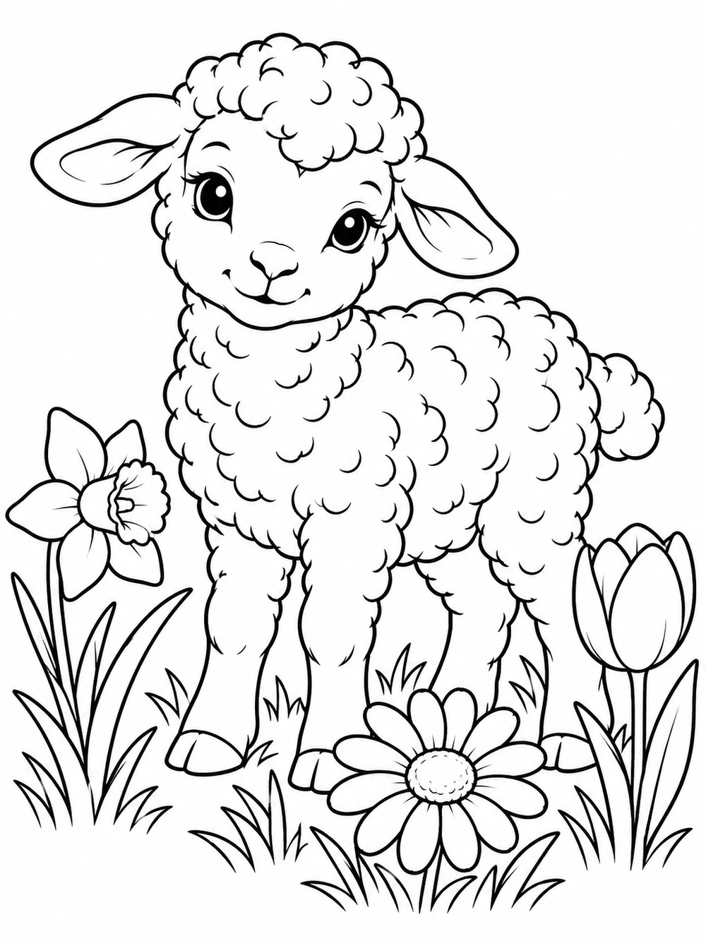 Black-and-white coloring page of a curly-fleeced lamb among three flowers and grass