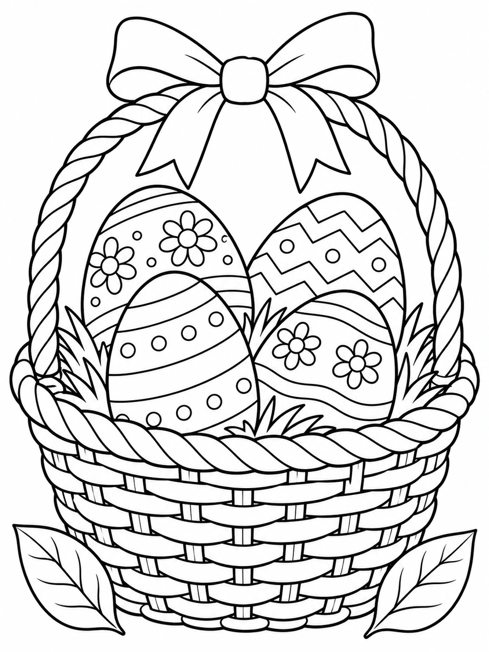 Black-and-white Easter basket coloring page with four patterned eggs, a large bow, and two leaves