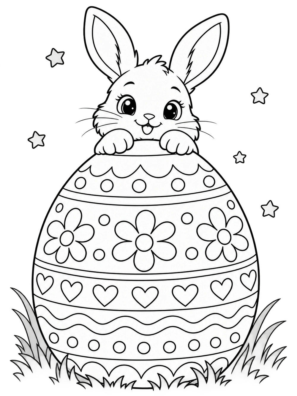 Black and white coloring page of a curious bunny peeking over a giant decorated Easter egg with small stars and grass at the base.