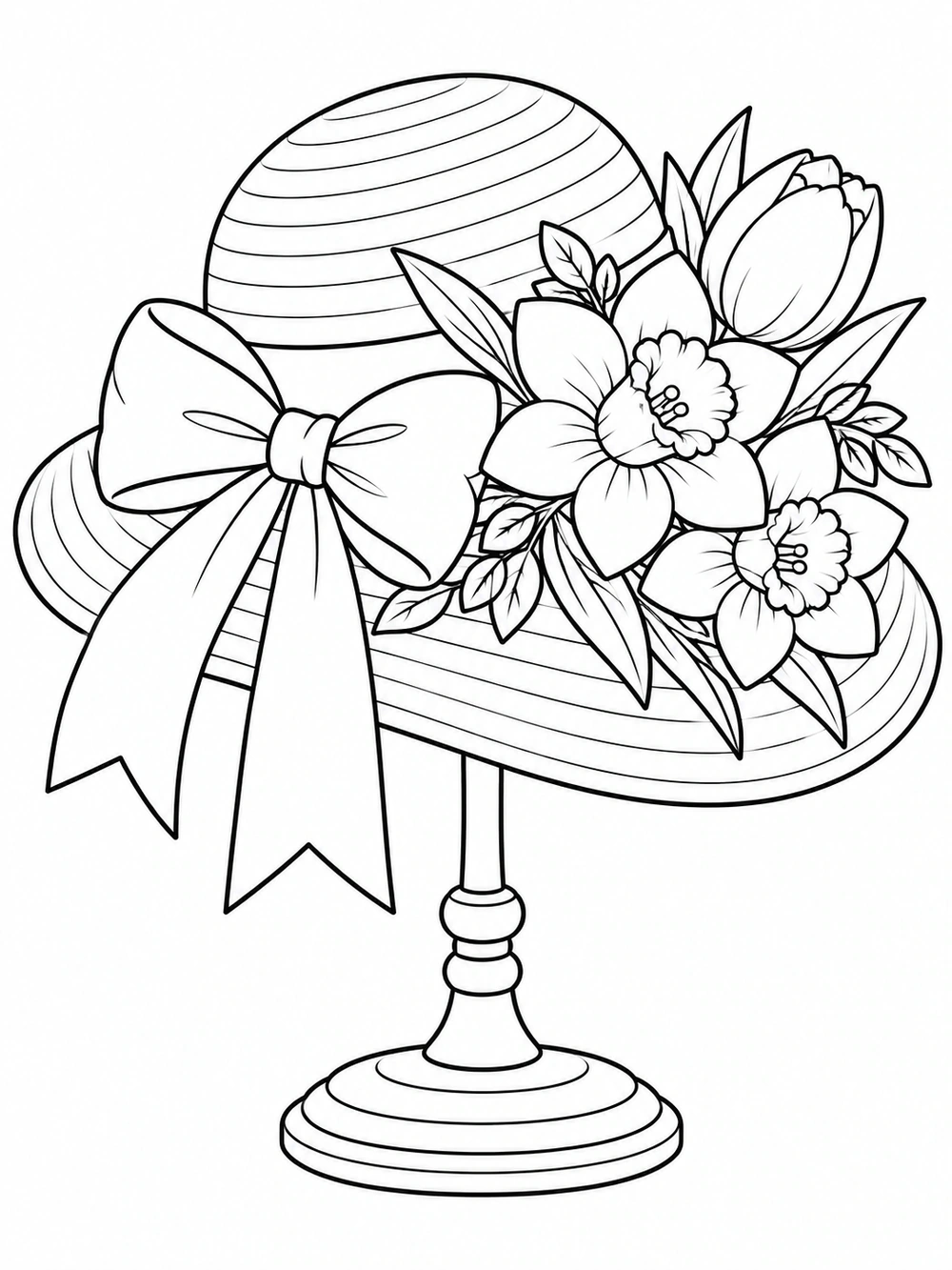Decorated Easter bonnet with a wide bow and spring blossoms on a hat stand, drawn in black outlines for coloring.