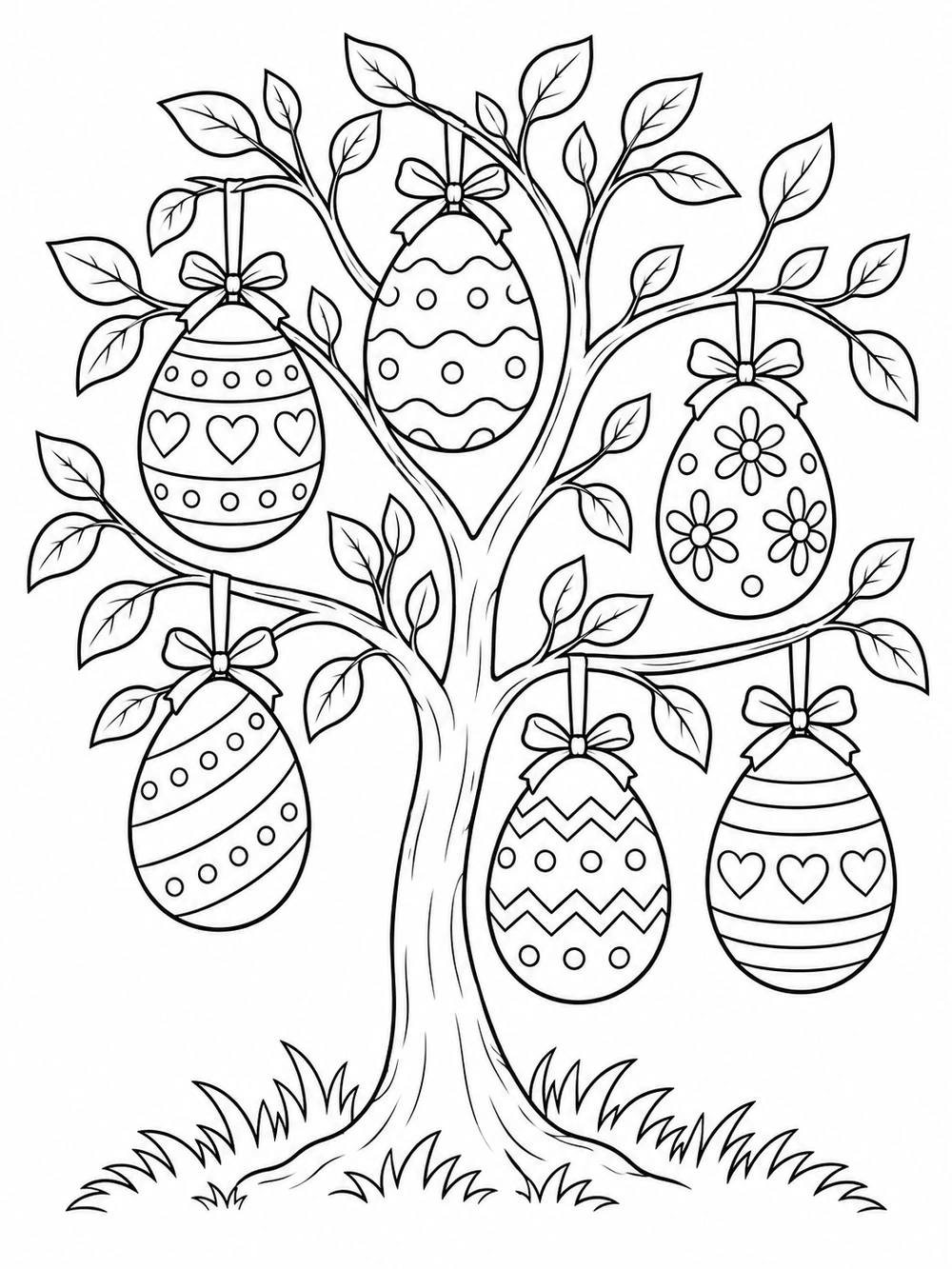 Black-outline coloring page showing a leafy tree with six patterned Easter eggs hanging by ribbons above a grassy base.