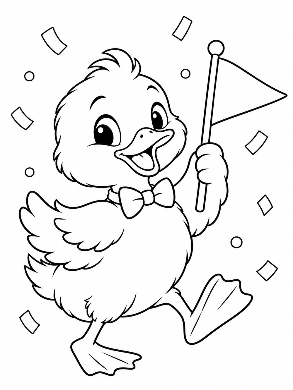 Black-and-white coloring page of a marching duckling wearing a bow tie and holding a blank triangular flag, surrounded by simple confetti.
