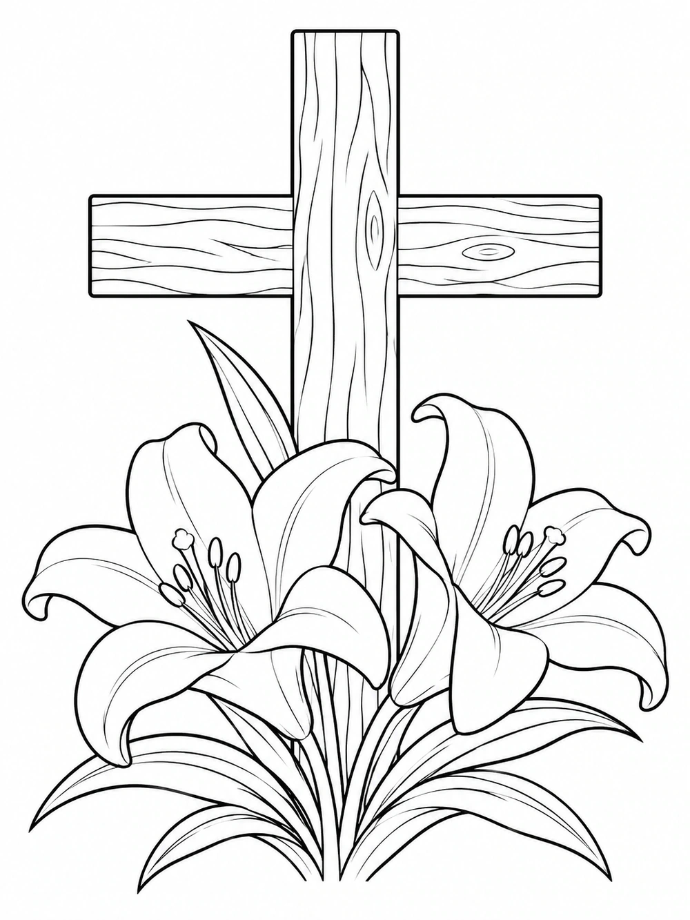 Black outline coloring page of two Easter lilies and leaves in front of a wooden cross