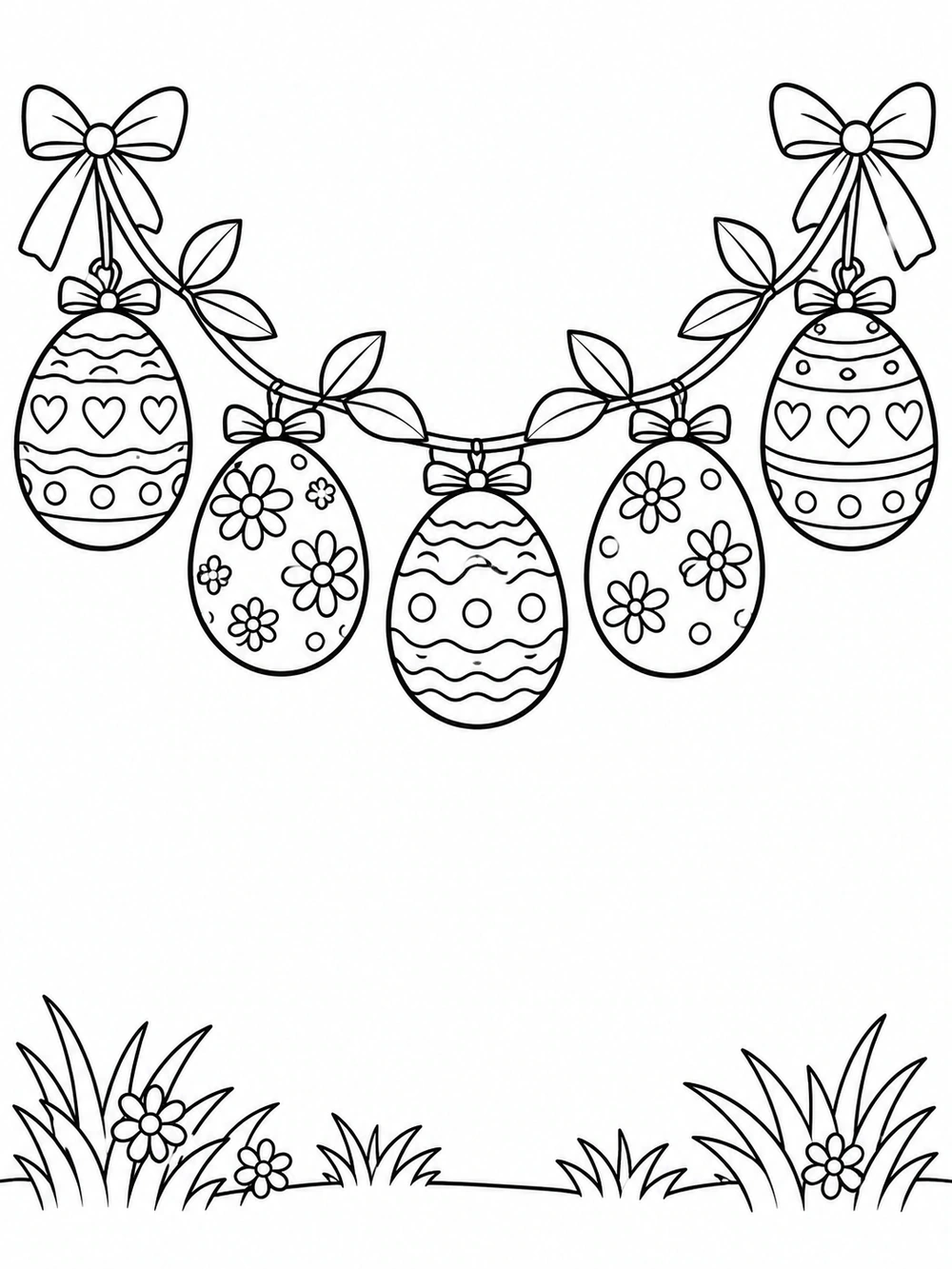 Black-and-white coloring page with five patterned Easter eggs hanging from a garland, with bows, leaves, and grass at the bottom.