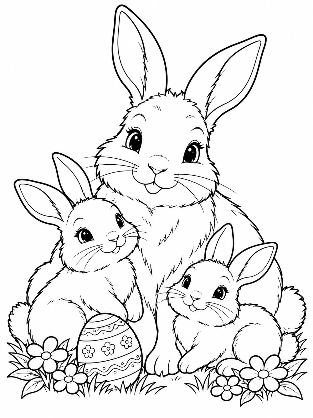 A parent rabbit and two bunny kits nestled together beside a decorated Easter egg and flowers.