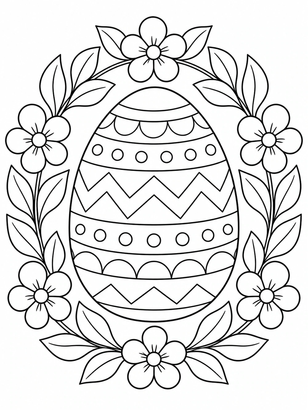 Decorated Easter egg surrounded by a wreath of six flowers and leaves coloring page