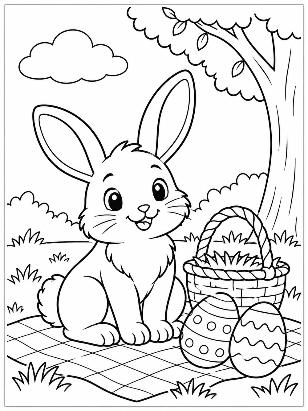 Black and white Easter coloring page with a seated bunny, picnic blanket, basket, two decorated eggs, tree, and cloud.