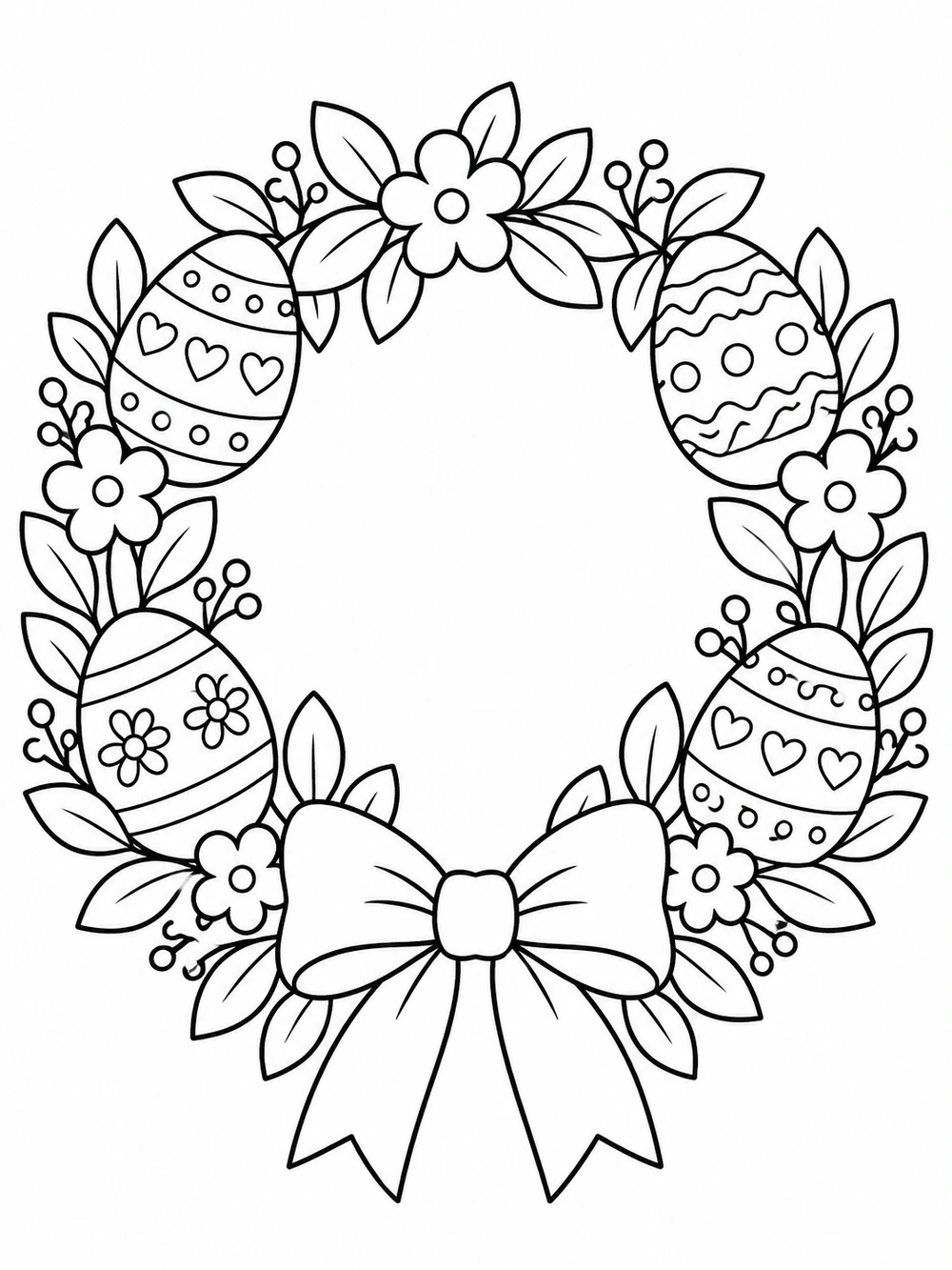 Round Easter wreath coloring page with four patterned eggs, leaves, flowers, and a large bow at the bottom