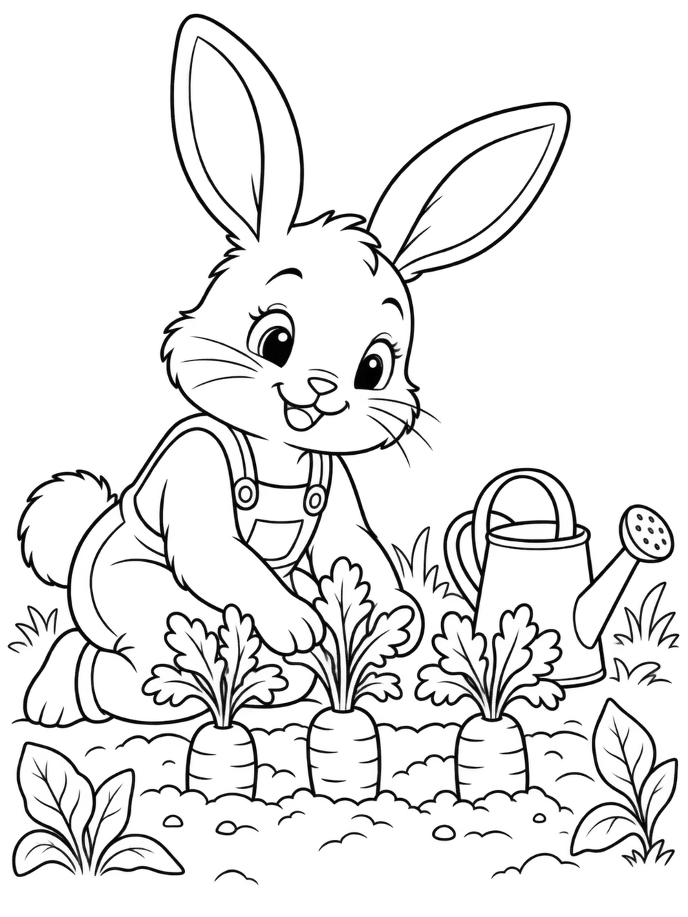 Easter bunny tending carrot garden coloring page