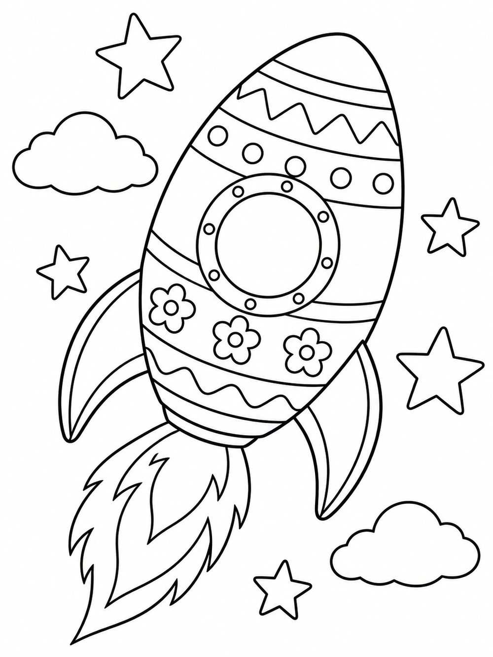 Easter egg rocket coloring page with broad patterned bands, a round window, fins, stars, and two clouds.
