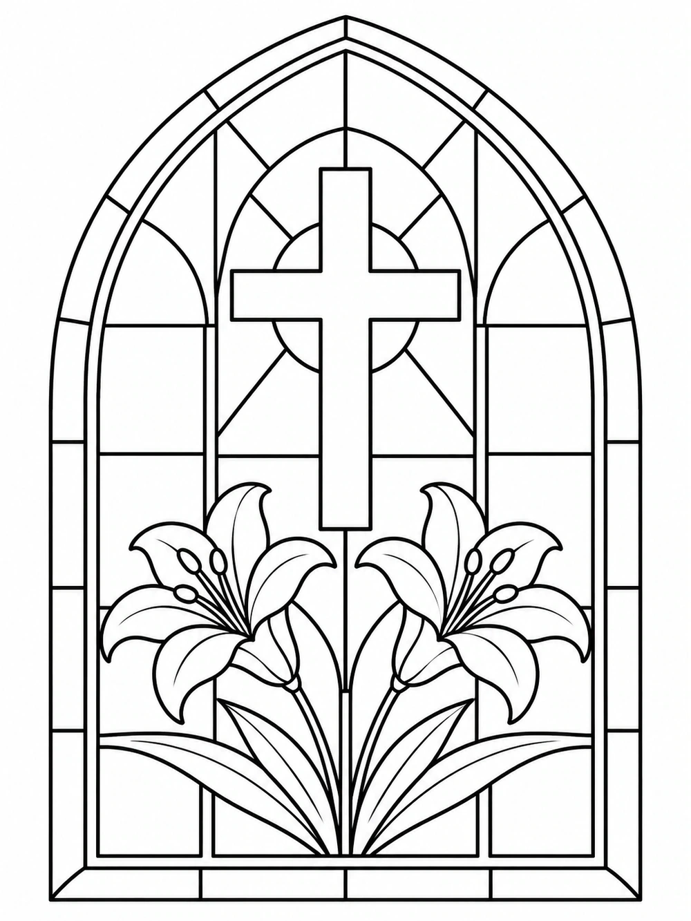 Black-outline coloring page of a cross above two lilies inside an arched church window.