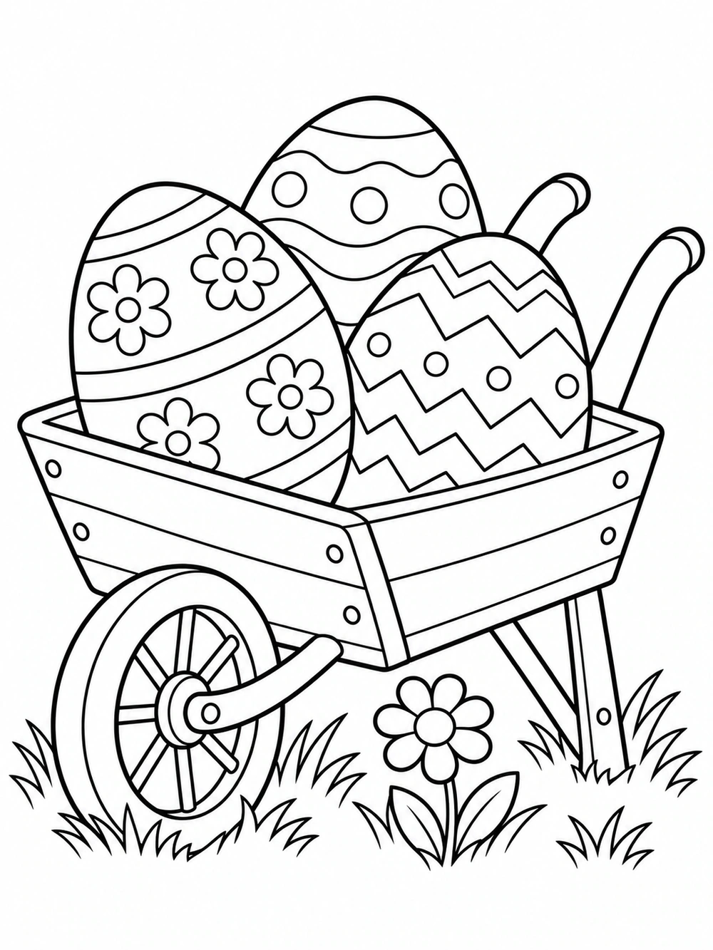 Printable coloring page showing a garden wheelbarrow filled with three decorated Easter eggs, with a flower and grass tufts.