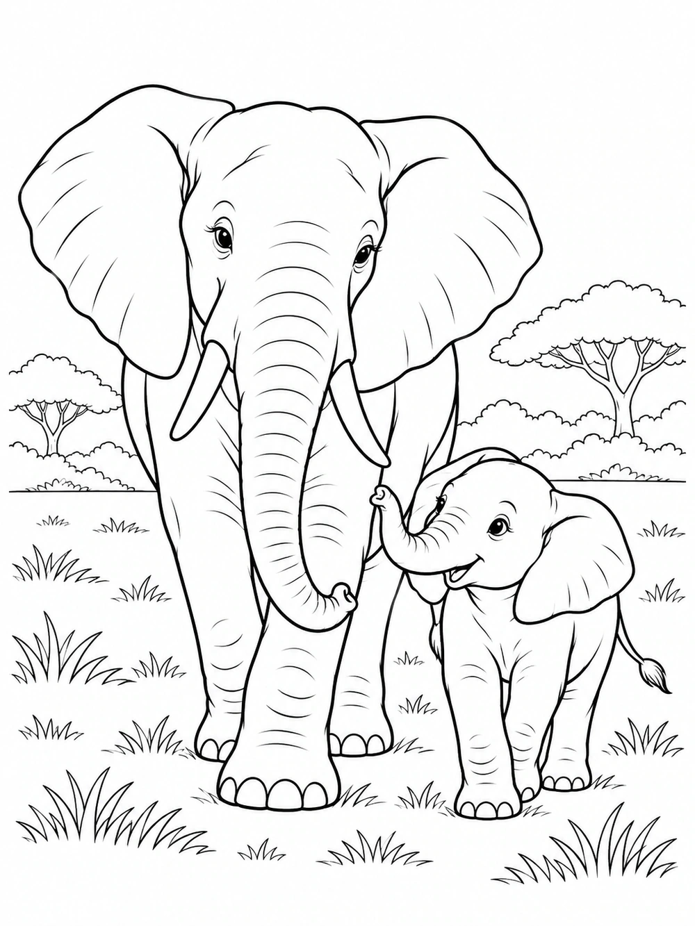 Elephant family coloring page showing an adult elephant and calf among grass tufts and rounded trees.