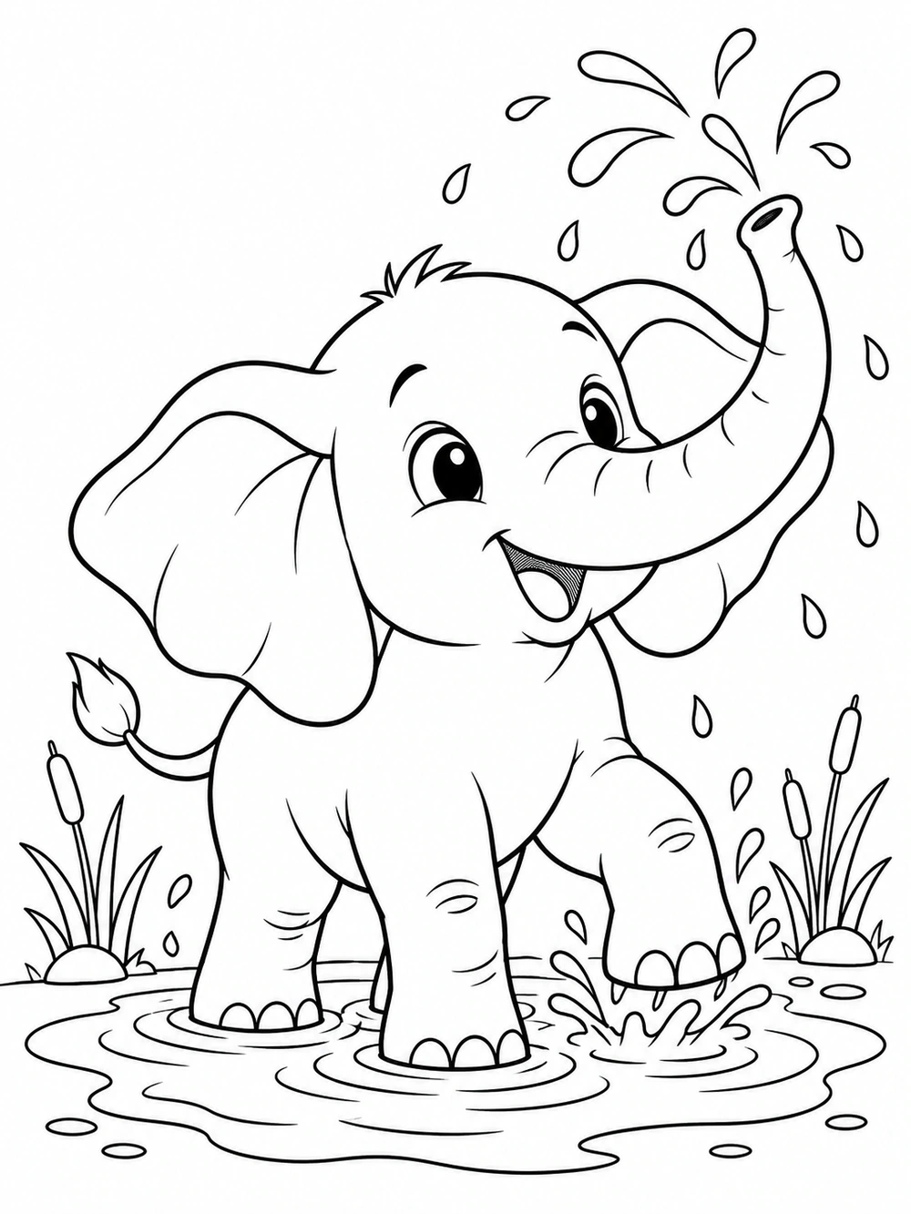 Baby elephant coloring page showing a playful elephant with its trunk raised, splashing in a puddle among reeds and water droplets.