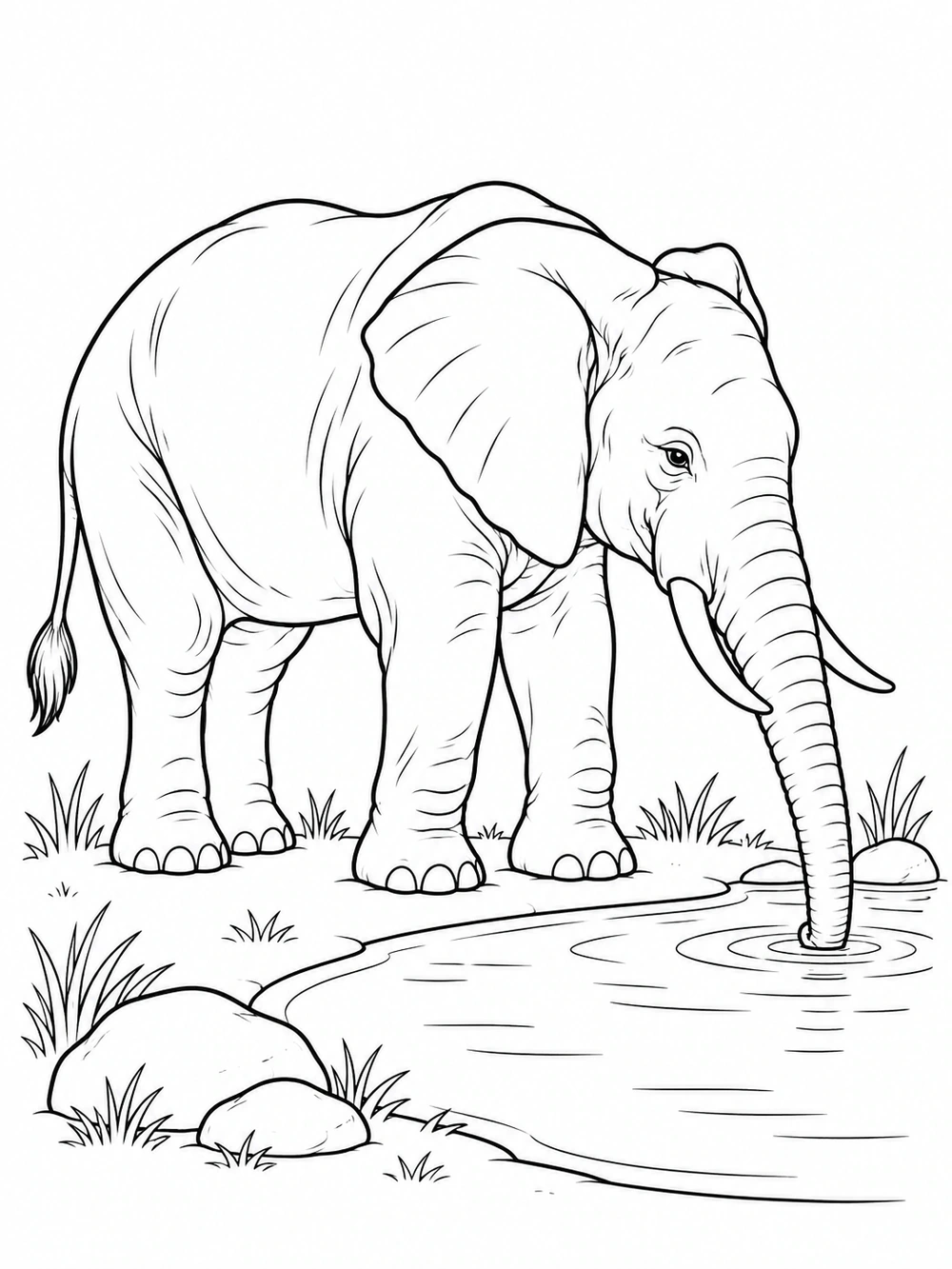 Black-and-white elephant coloring page with the elephant drinking from a pond, surrounded by grass and stones.