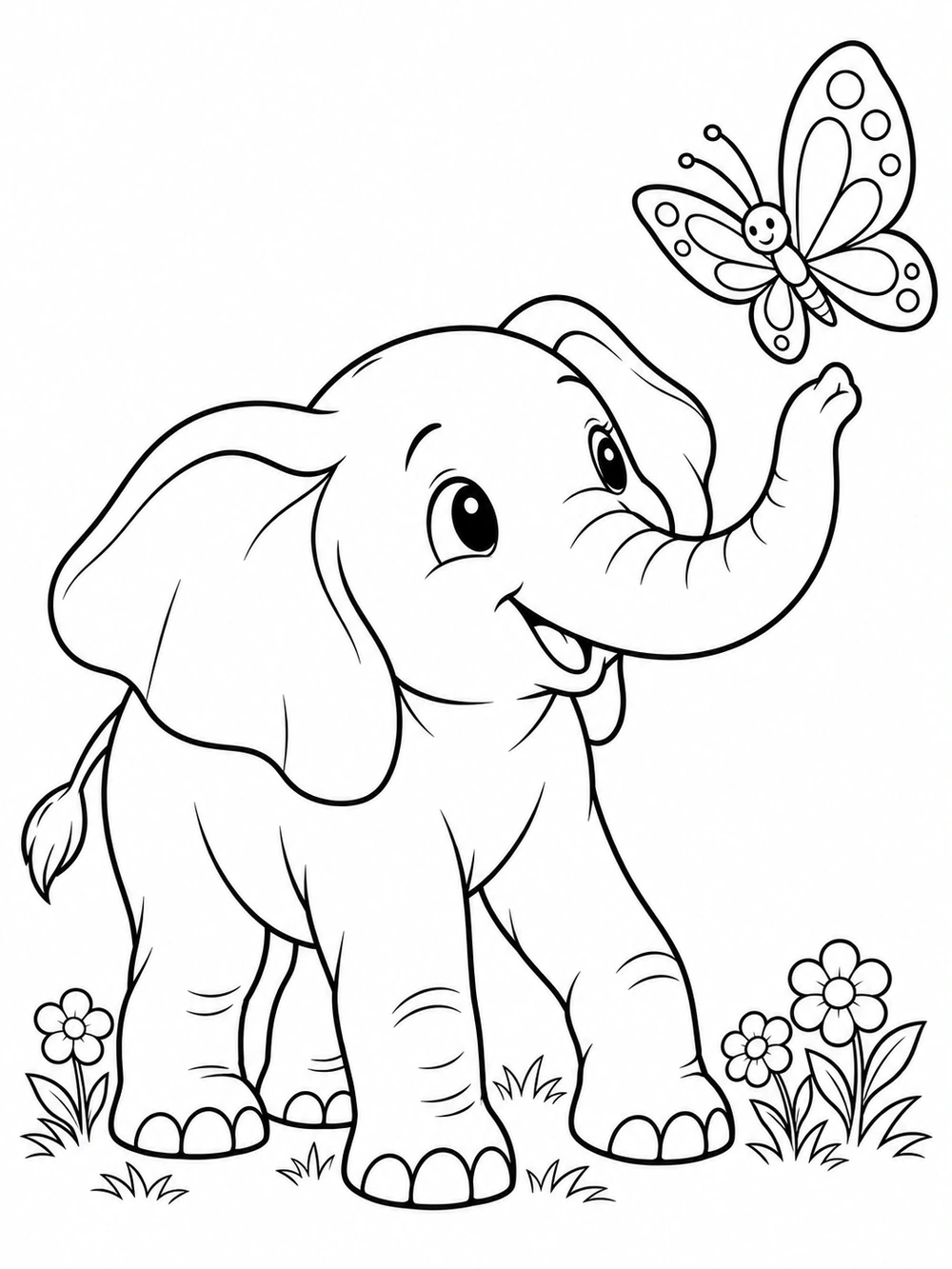 Black-and-white elephant coloring page with a raised trunk reaching toward a patterned butterfly and small flowers near its feet.