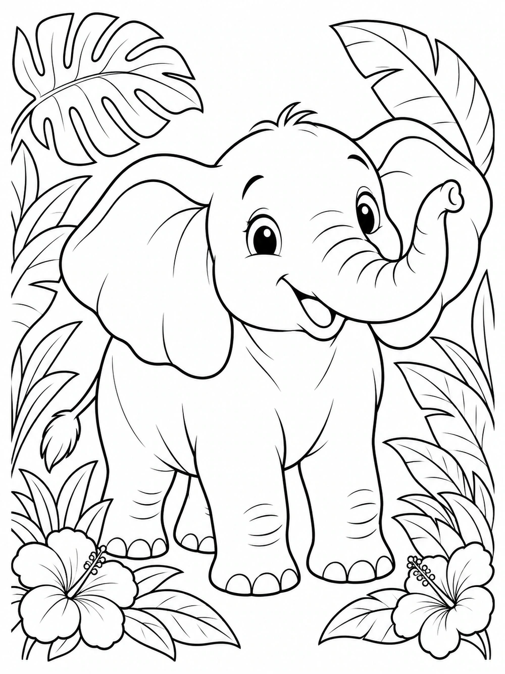 Young elephant coloring page framed by tropical leaves and two flowers
