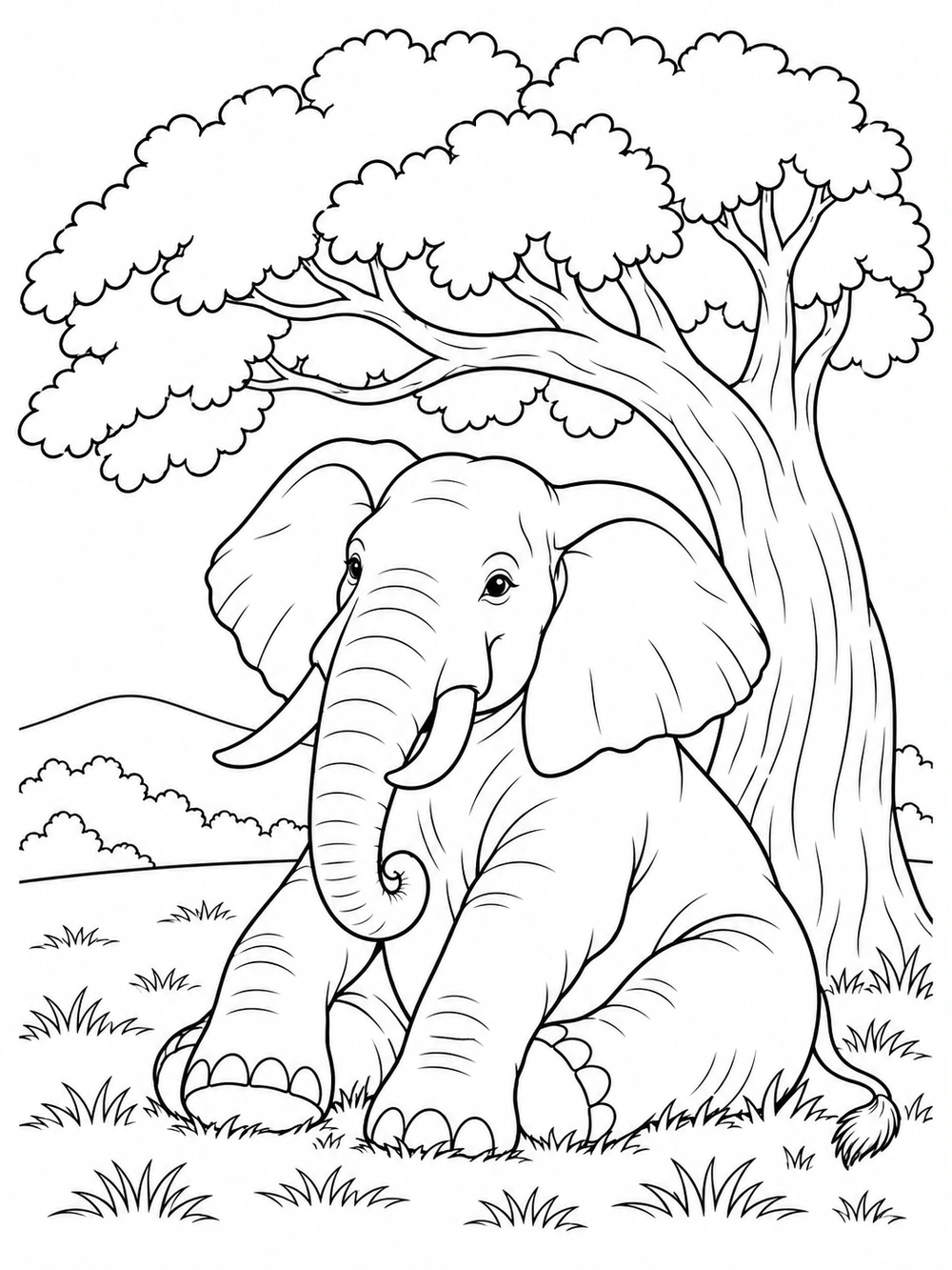 Adult elephant sitting beneath a large tree on a grassy hill coloring page