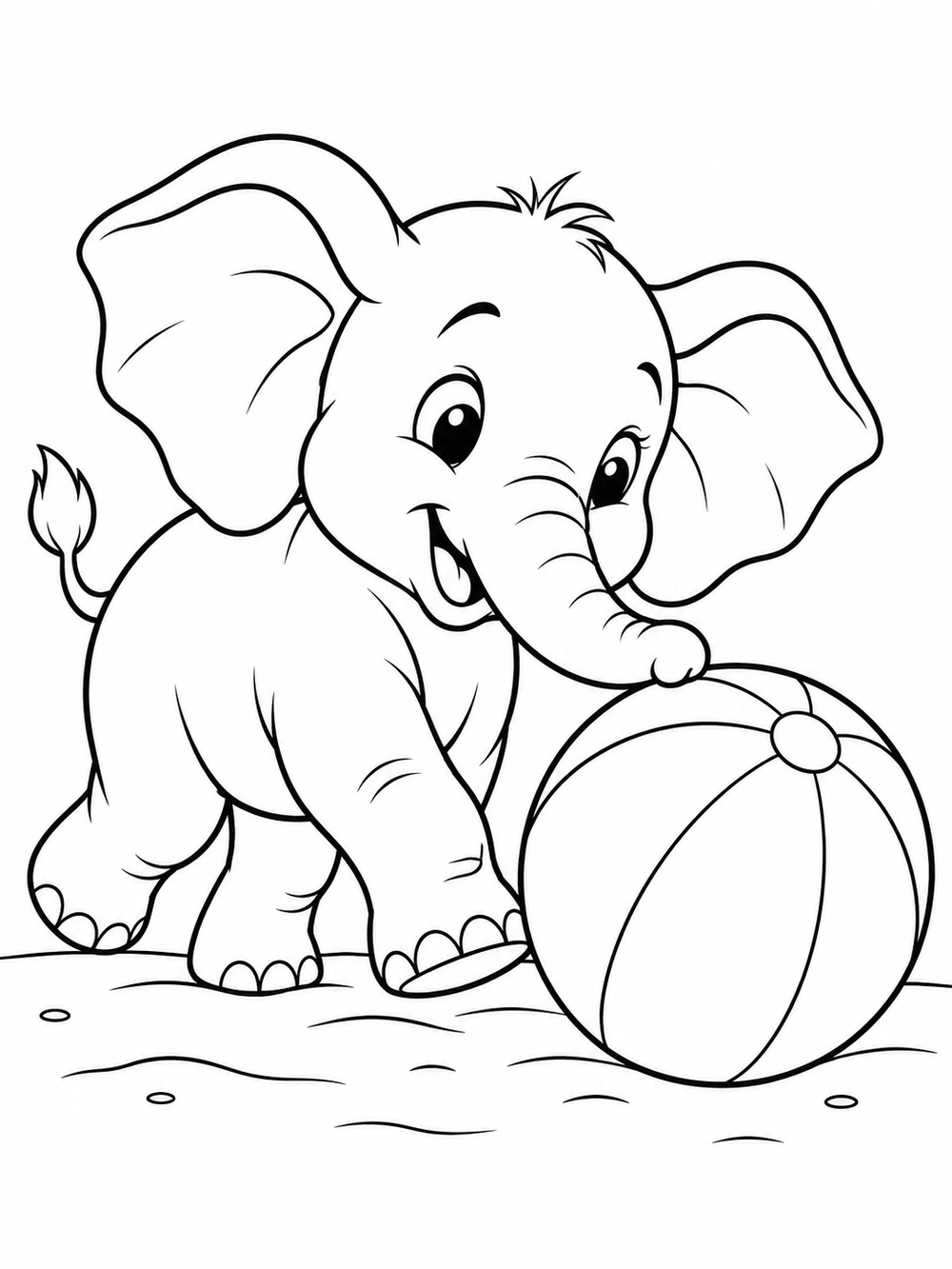 Black and white coloring page of a smiling elephant nudging a large paneled beach ball on a simple ground line.