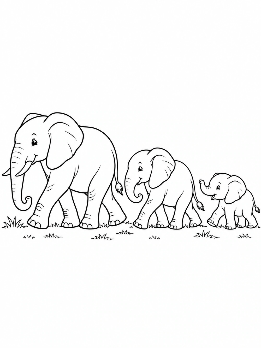 Three elephants of different sizes walking in a line across grass, outlined for coloring.