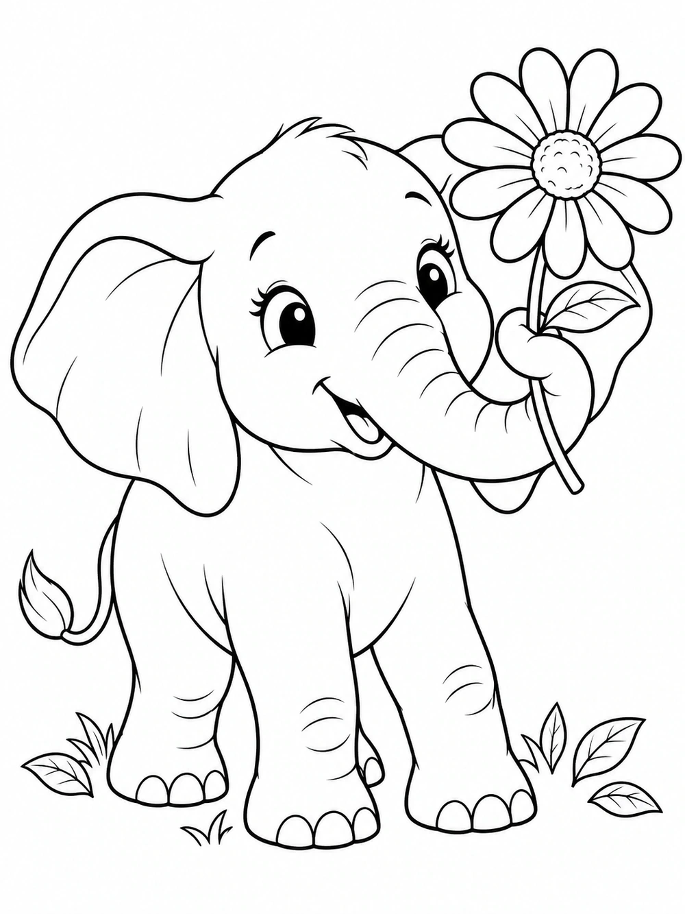 Black-and-white elephant coloring page with a curled trunk holding a large daisy and small leaves near its feet.