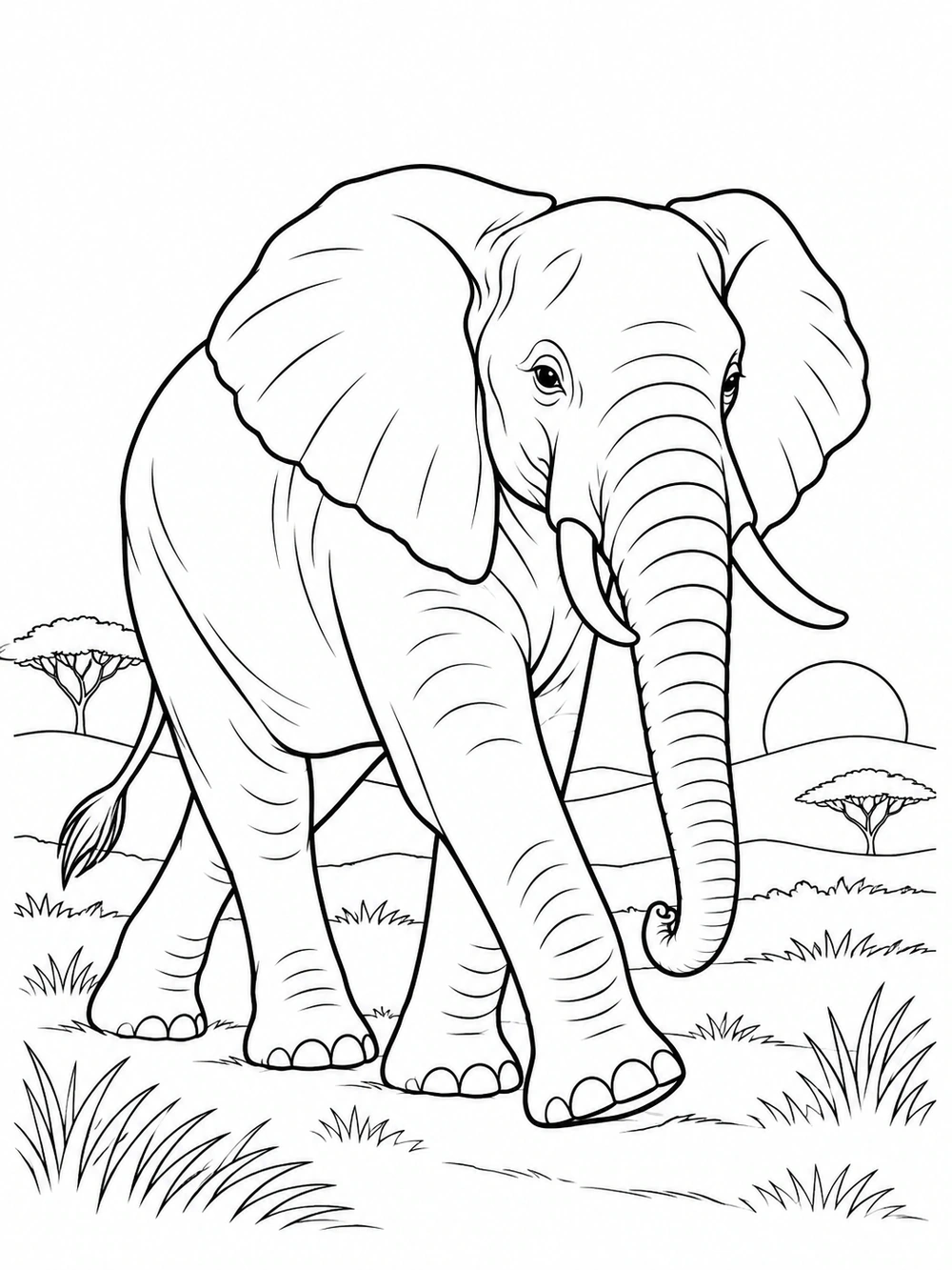Elephant coloring page walking across a savannah