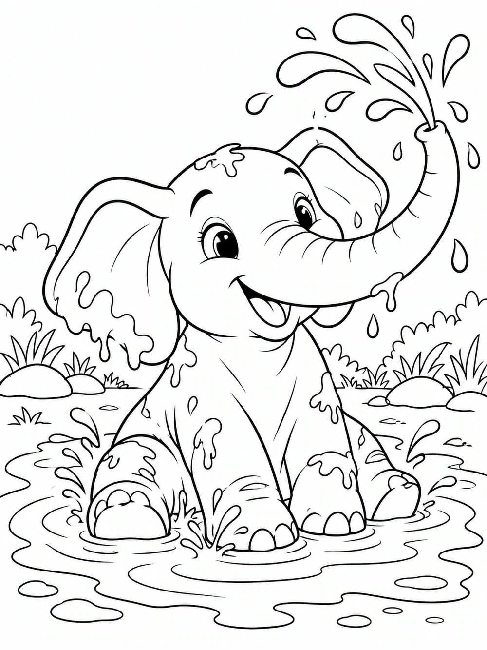 Elephant sitting in a mud pool, happily splashing water with its trunk, in a coloring page.