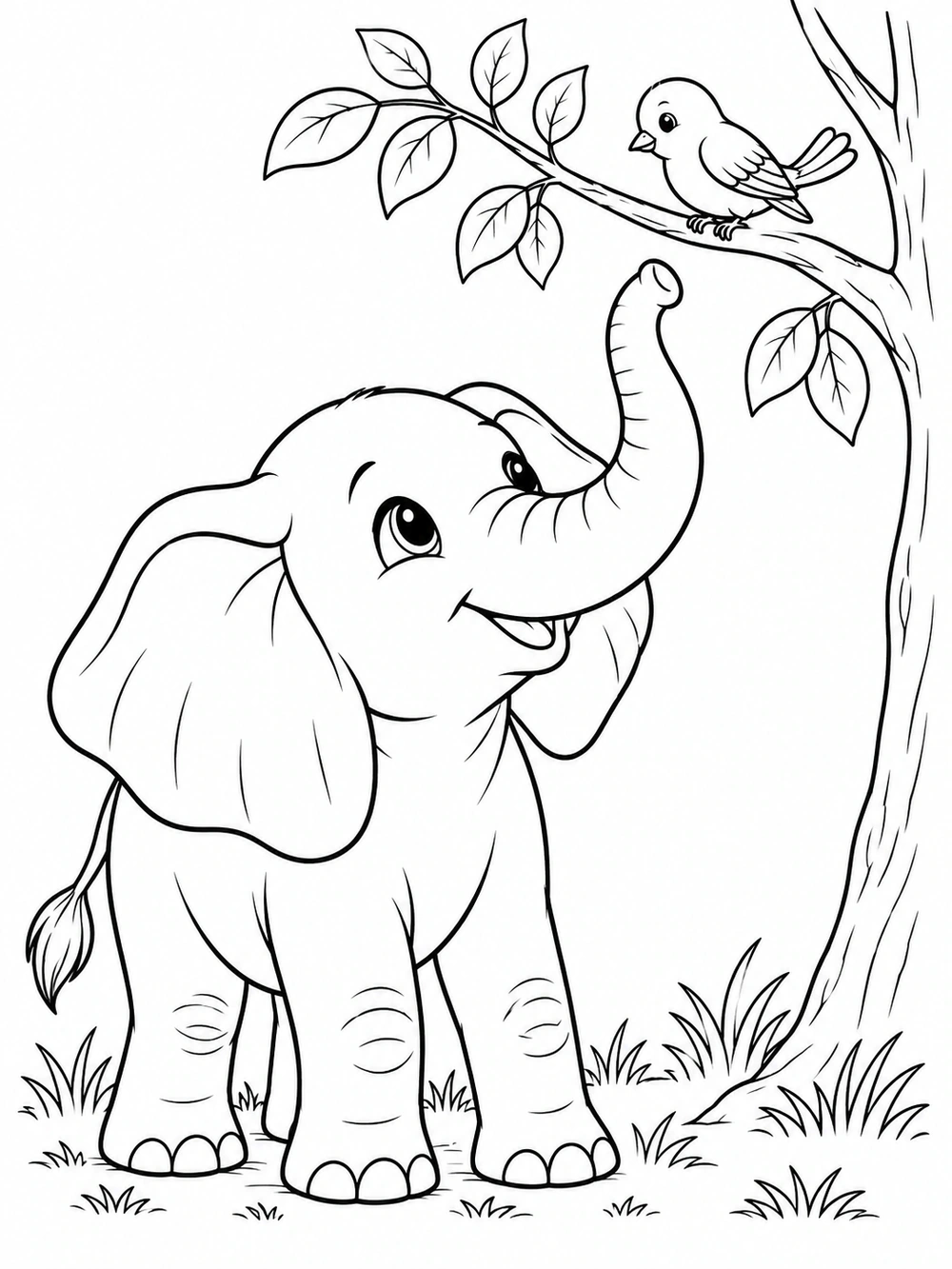 Printable elephant coloring page showing an elephant looking up at a bird on a branch, with grass at its feet.