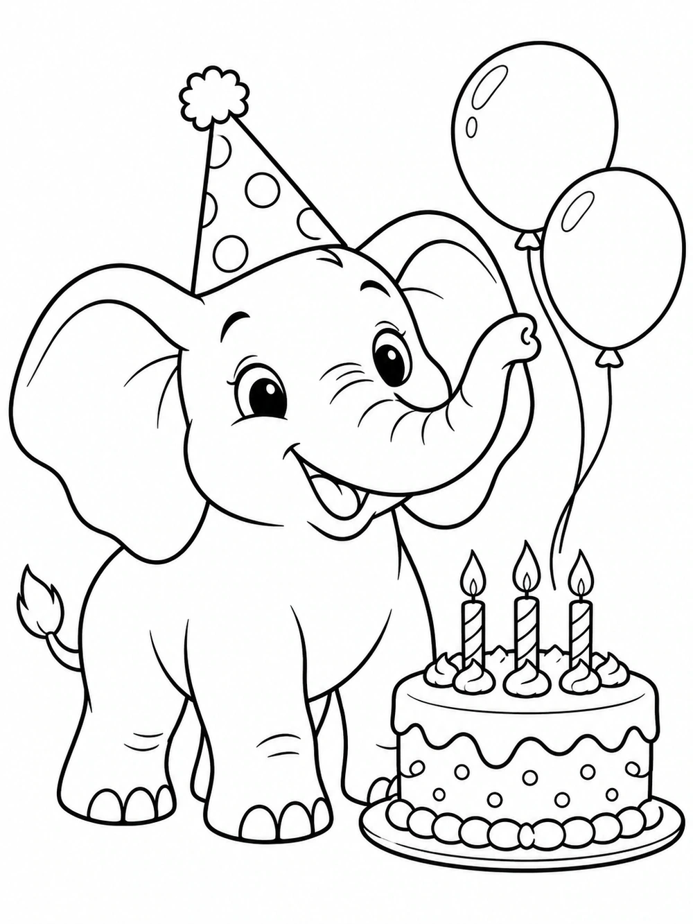 Smiling elephant in a party hat beside a birthday cake with three candles and two balloons