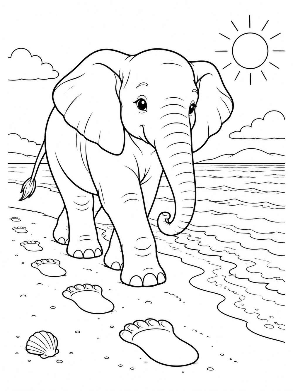 Black-and-white coloring page showing an elephant walking along the beach, with large footprints, a sun, and a shell.
