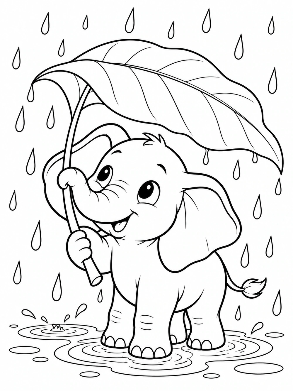 Elephant coloring page showing a small elephant sheltered beneath a large leaf, with falling raindrops and puddle rings.