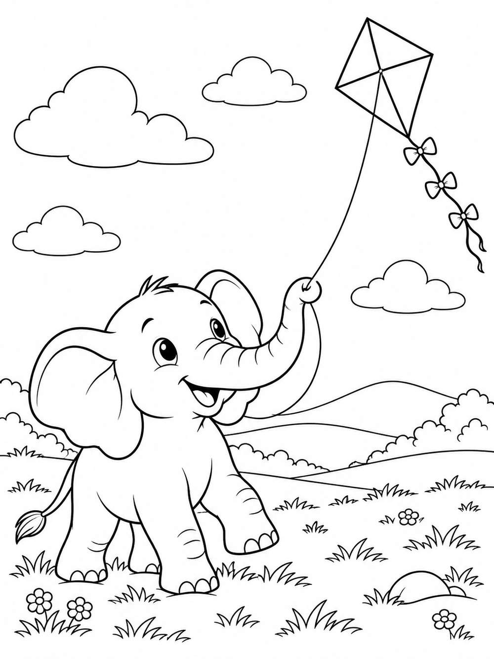 Young elephant coloring page with a continuous kite string, a diamond kite with bow tail, clouds, hills, and flowers.