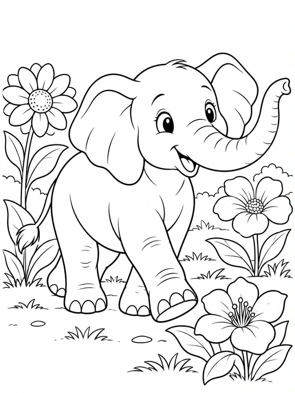Elephant coloring page in a garden of large flowers
