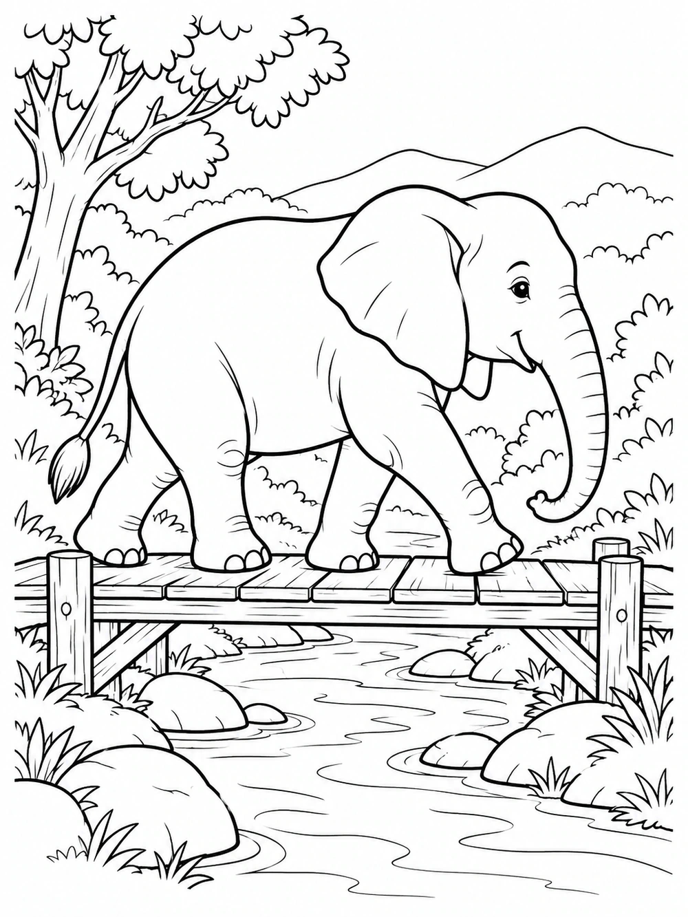 Black-and-white elephant coloring page showing a side-view elephant walking across a wooden bridge over a curving stream, surrounded by trees, rocks, and plants.