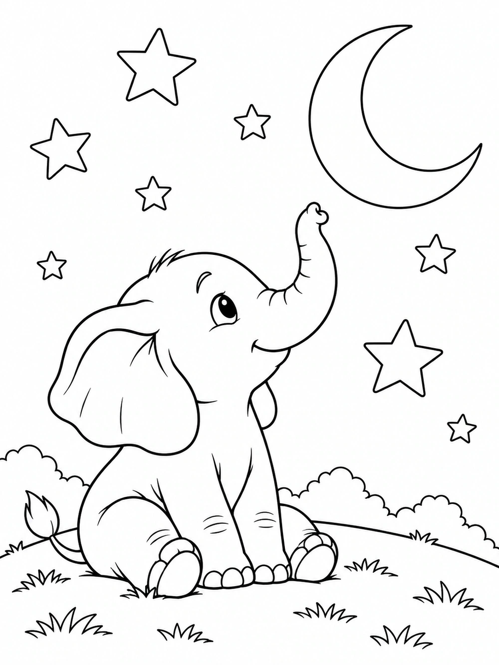 Seated elephant gazing at a crescent moon and outlined stars from a low hill.