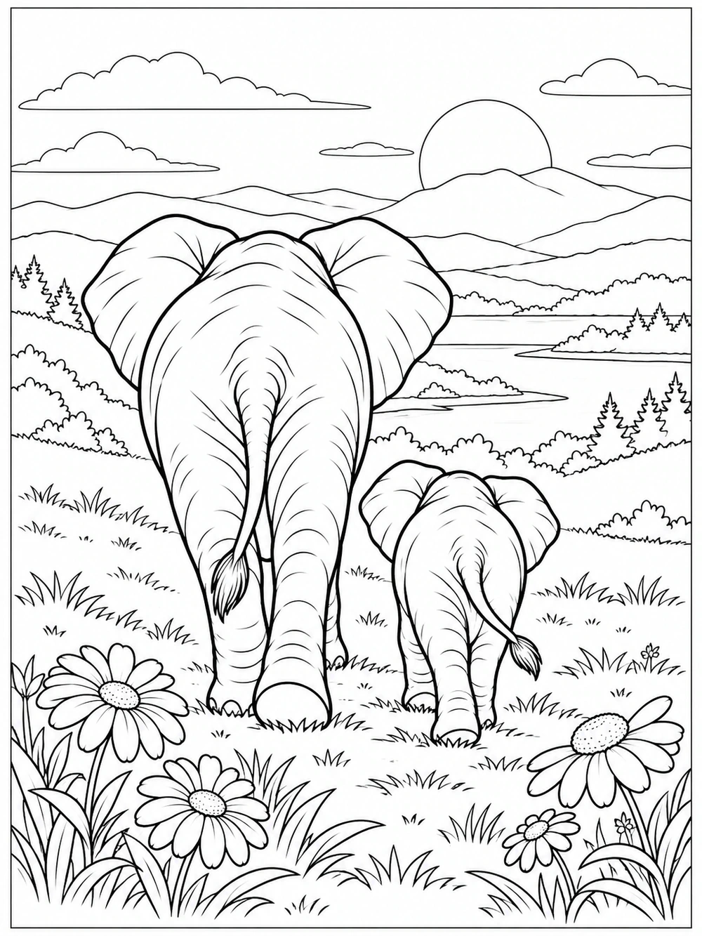 Black-and-white coloring page showing an adult elephant and calf from behind walking through a flower meadow toward distant hills, with clouds and a rising sun.