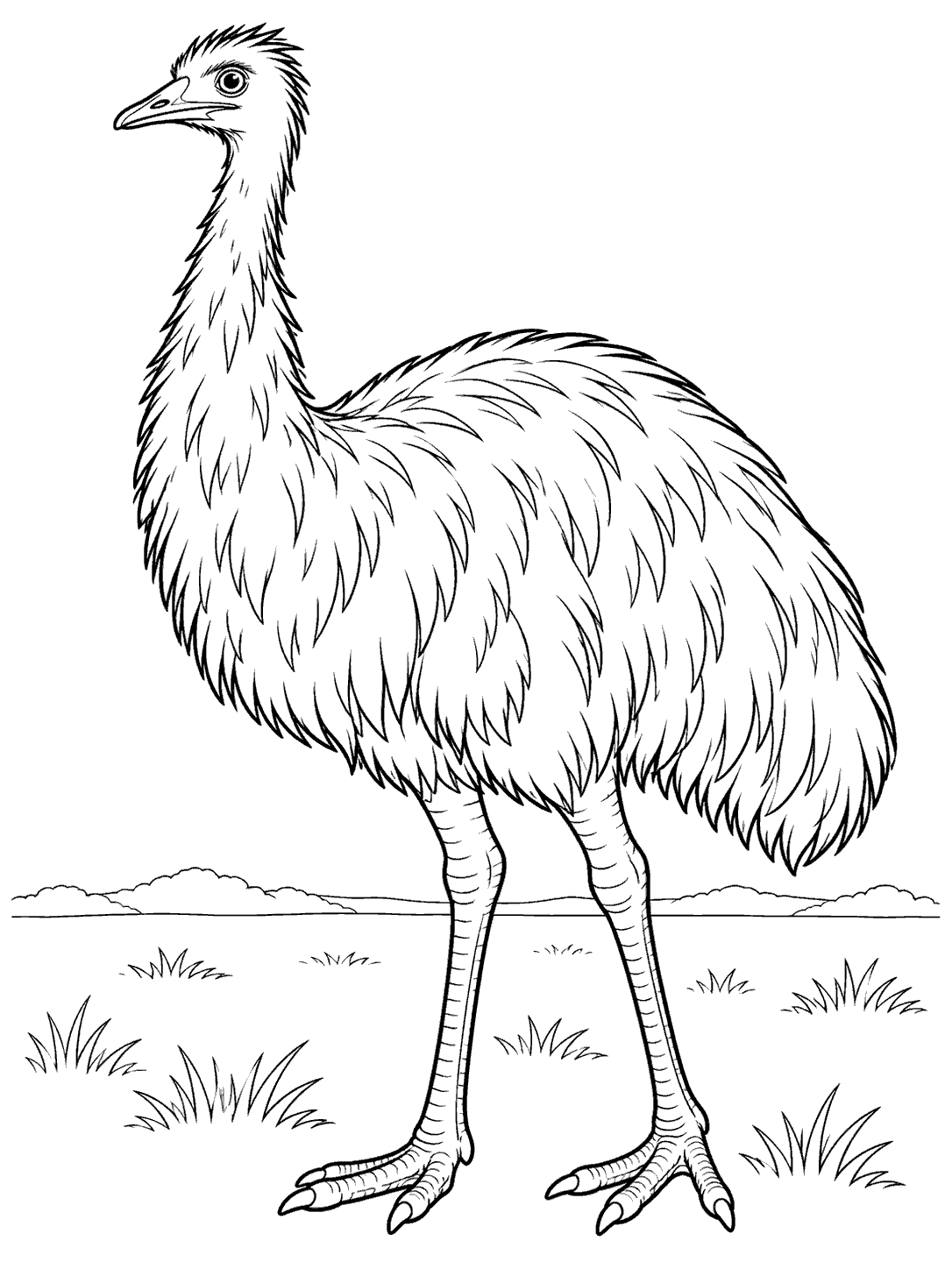 Full-body emu with shaggy feathers standing in open grassland coloring page