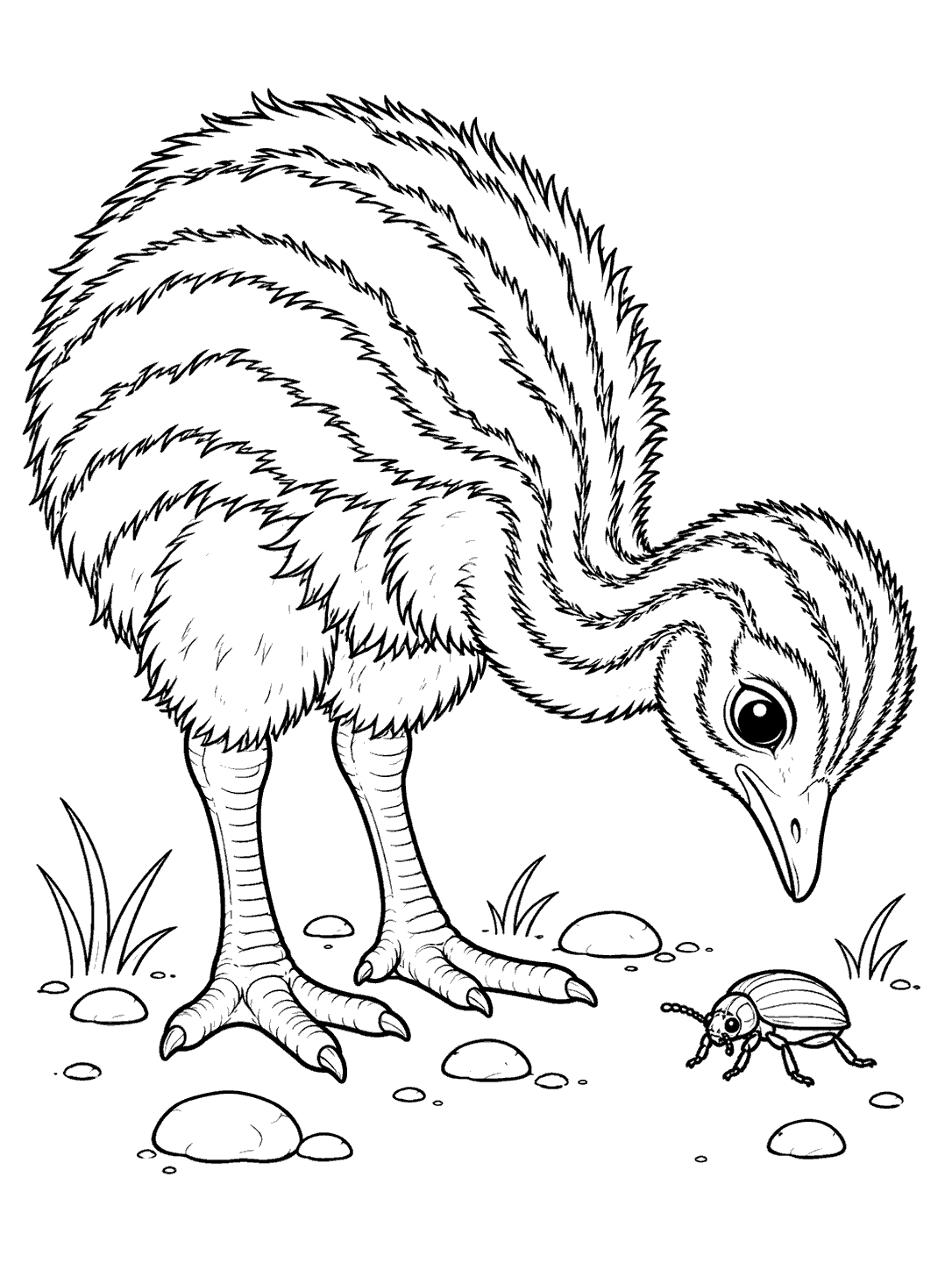 Black-and-white emu chick coloring page with the bird observing a beetle