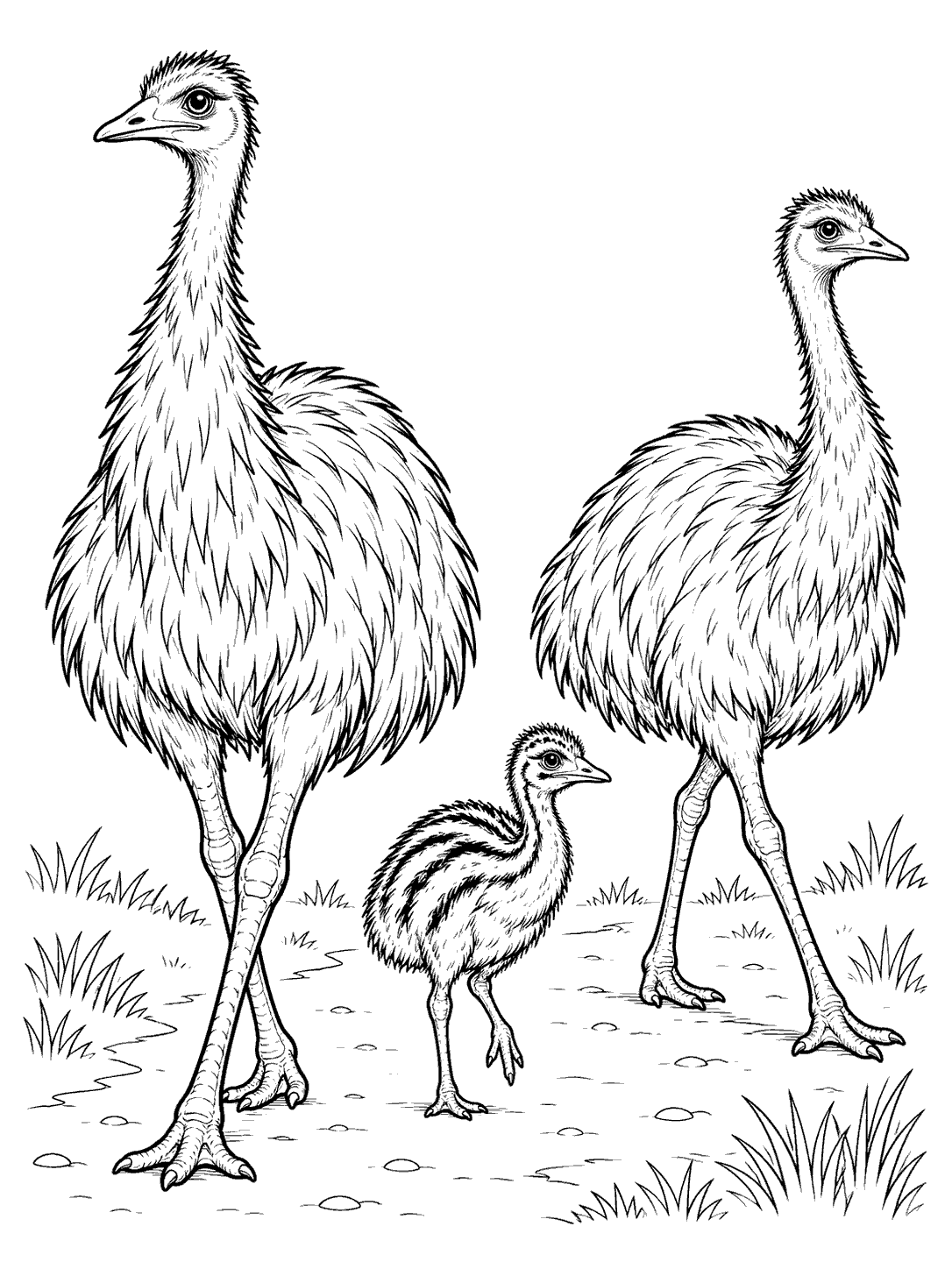 Two shaggy adult emus and a smaller striped chick walking along a grassy path in a coloring page.