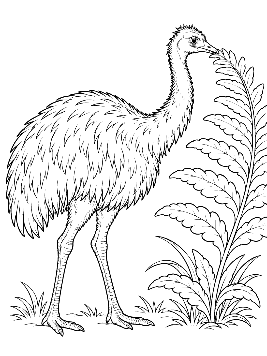 Black-outline coloring page of an emu reaching toward a fern frond