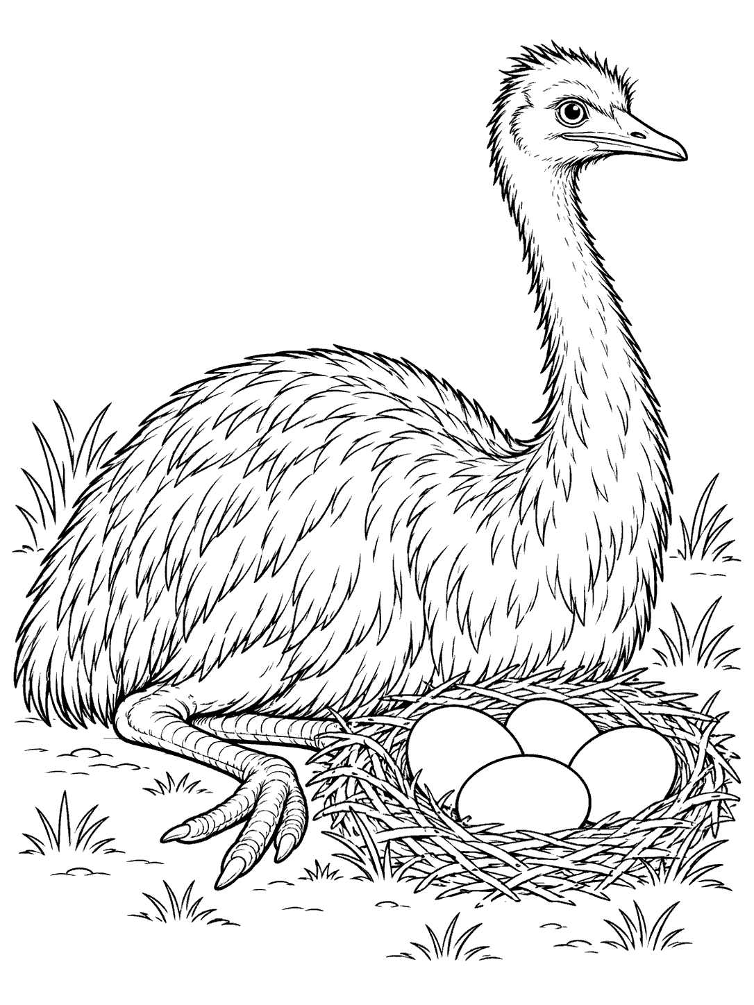 Black-and-white coloring page of a shaggy emu sitting beside a nest with three plain eggs.