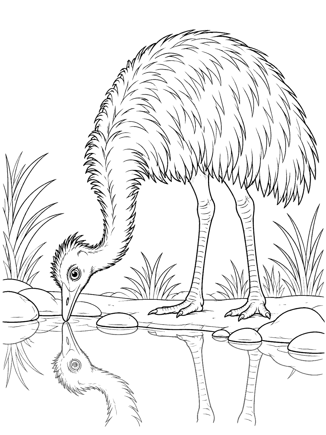 Emu drinking at a waterhole coloring page